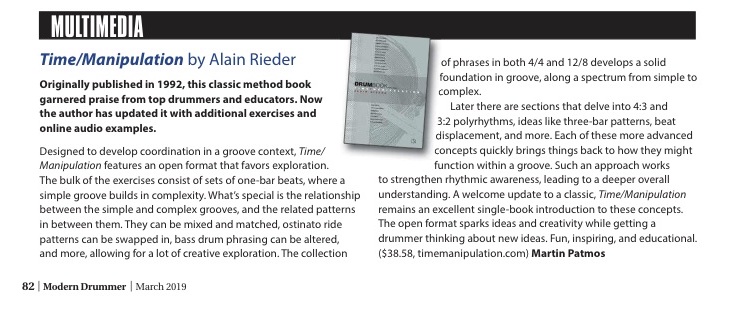 Time Manipulation Drum Book Review in Modern Drummer Magazine 2019